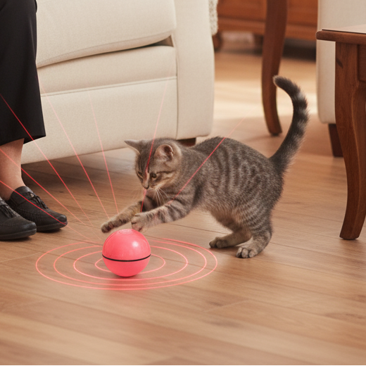 Abuela feliz viendo a su gato jugar con pelota láser
