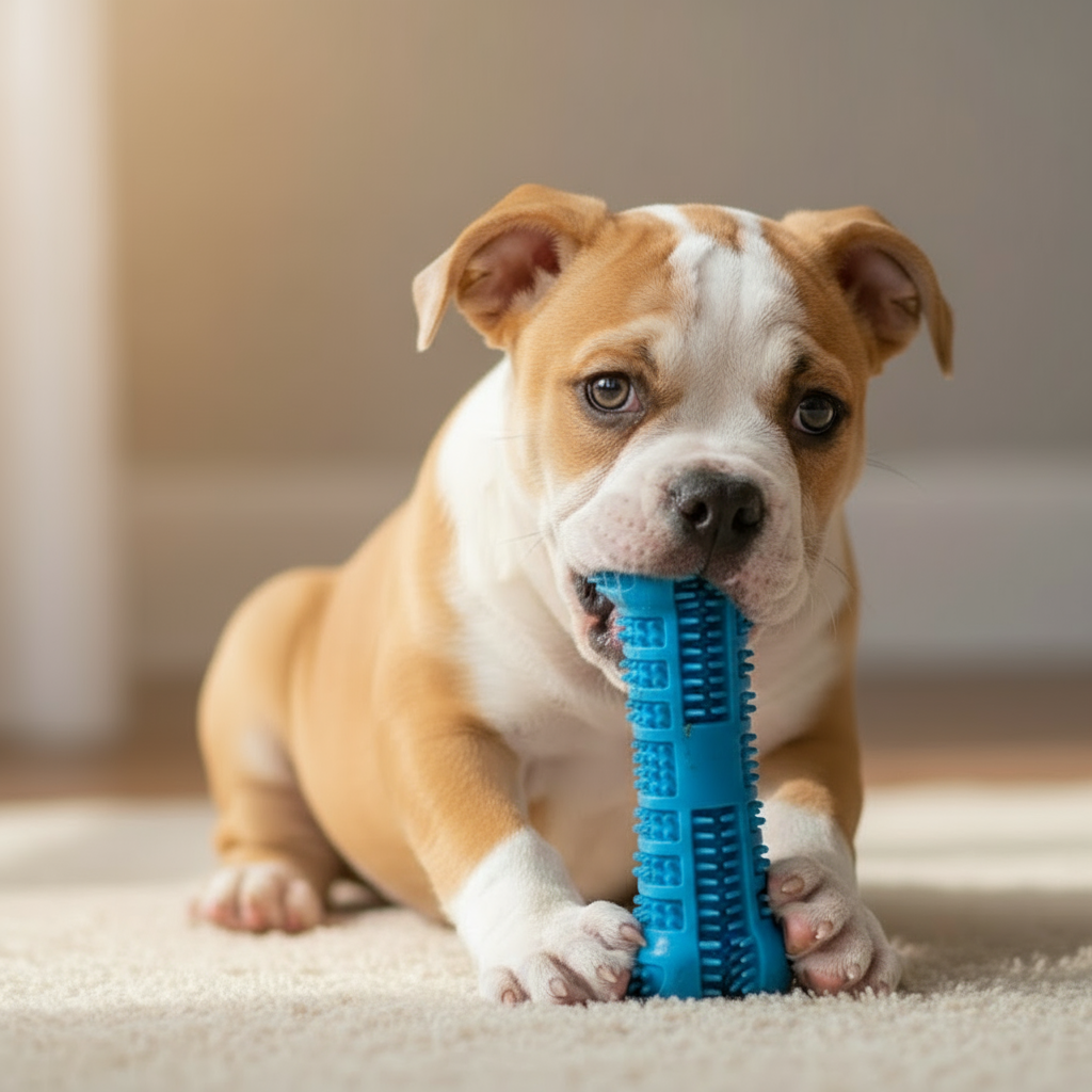 Cachorro de Bulldog Americano de cuerpo entero con cepillo dental