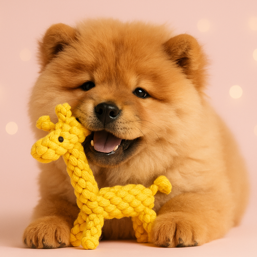 Cachorro de Chow Chow con juguete de cuerda
