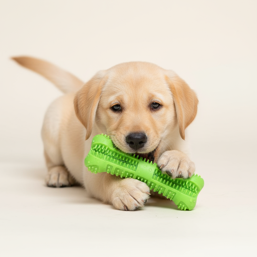 Cachorro de Labrador Retriever jugando con hueso verde