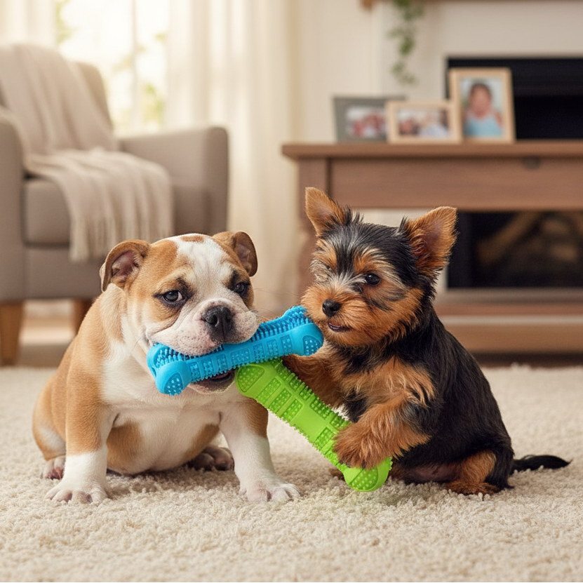 Cachorros de Bulldog y Yorkshire Terrier jugando con huesos