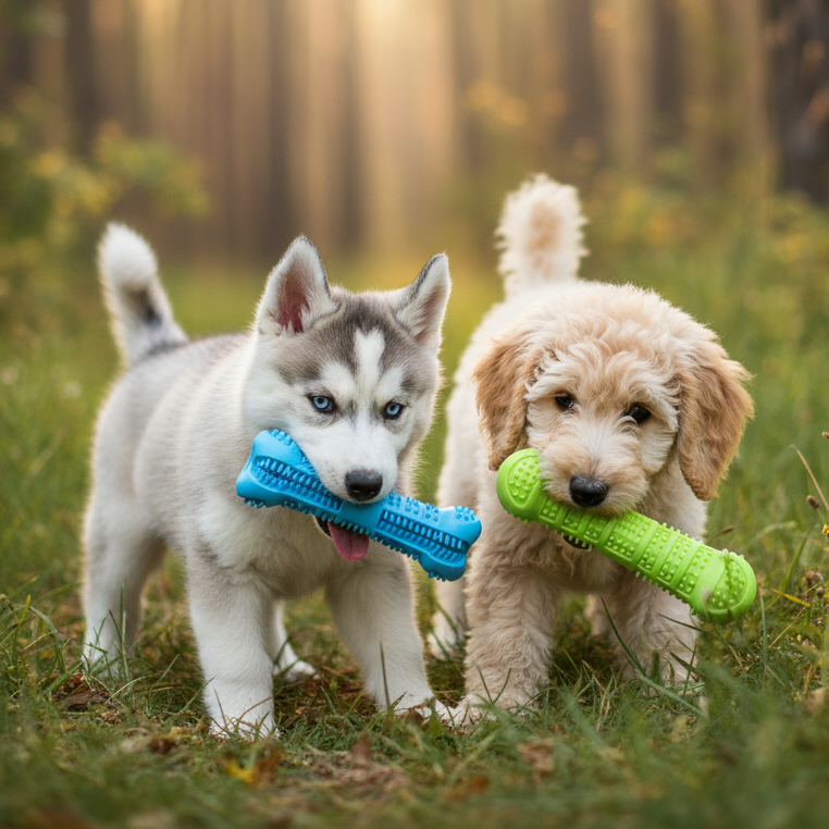 Cachorros de Husky Siberiano y Poodle jugando en ambiente silvestre