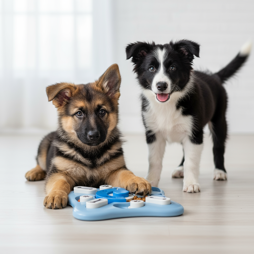 Cachorros de Pastor Alemán y Border Collie con puzzle interactivo
