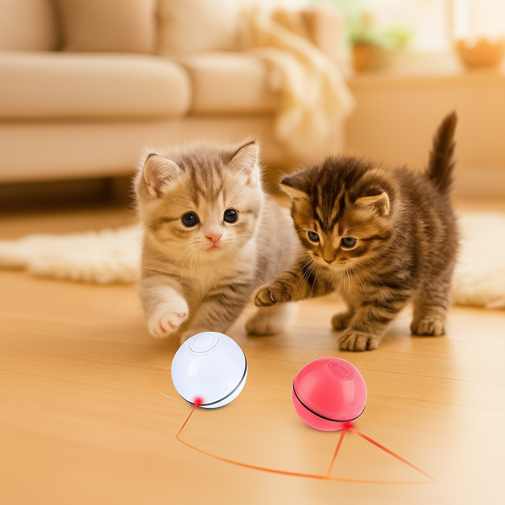 Dos gatitos adorables con pelota blanca y pelota rosa coral