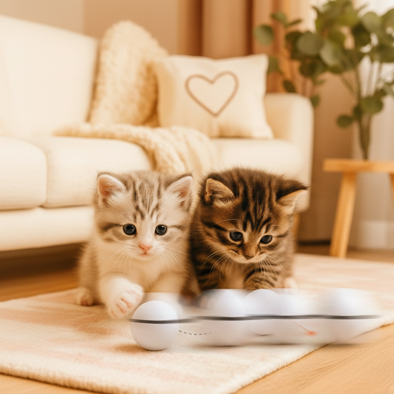 Dos gatitos con pelotas láser con efecto motion blur