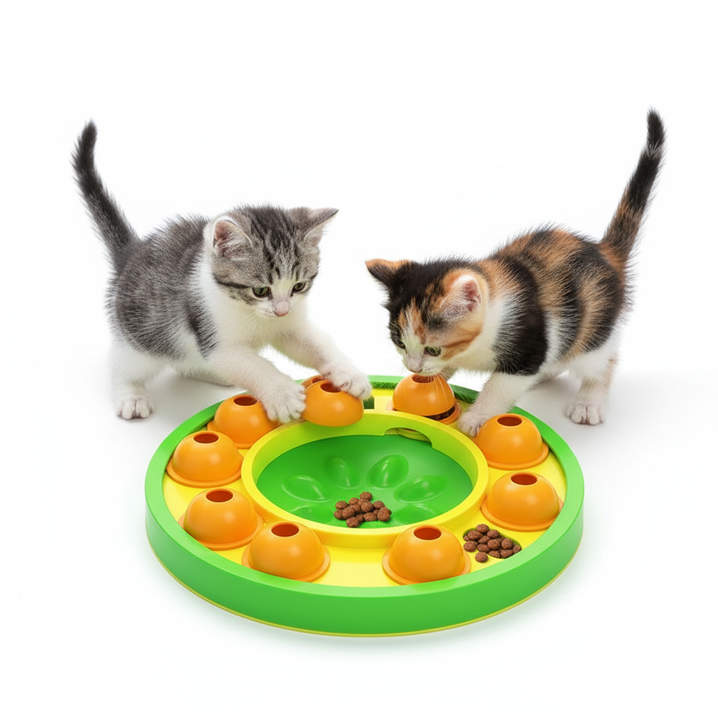 Dos gatitos jugando con comedero