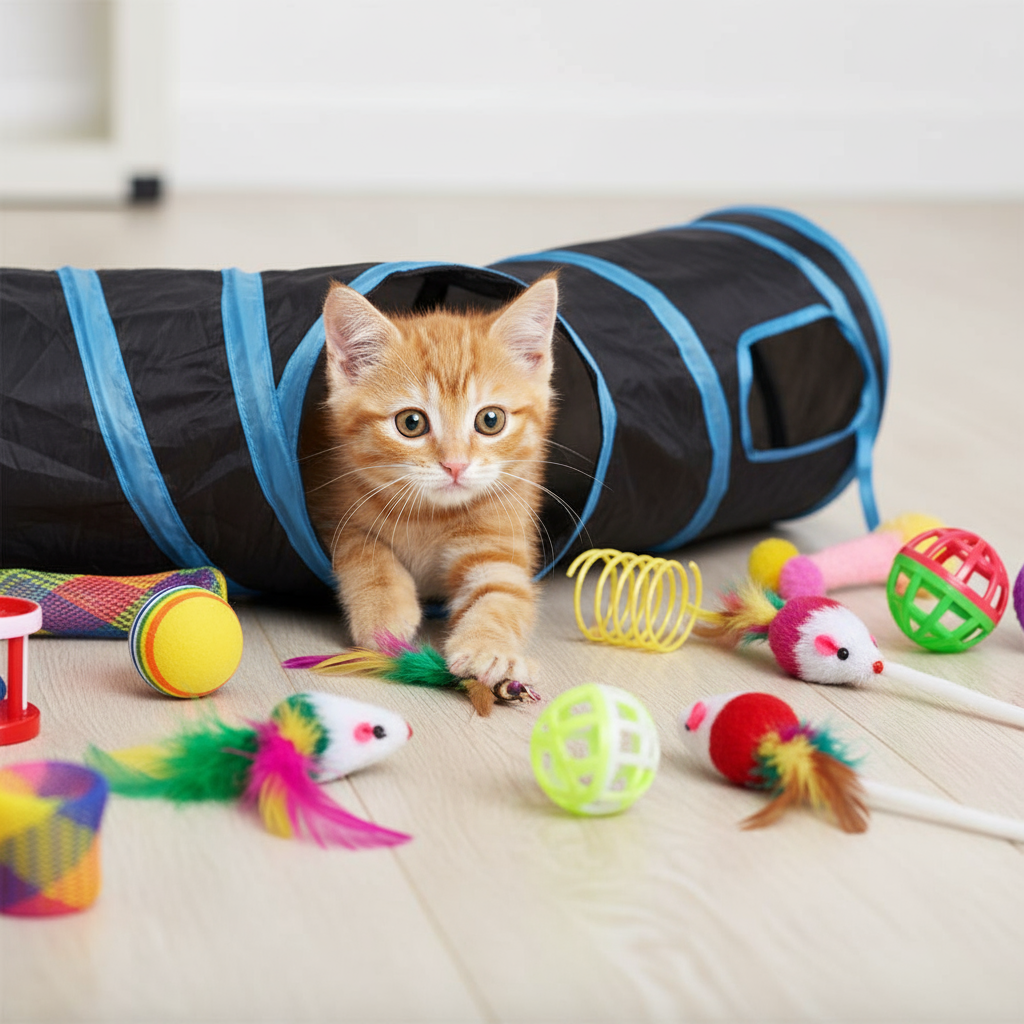 Gatito adorable jugando en el túnel de juguetes