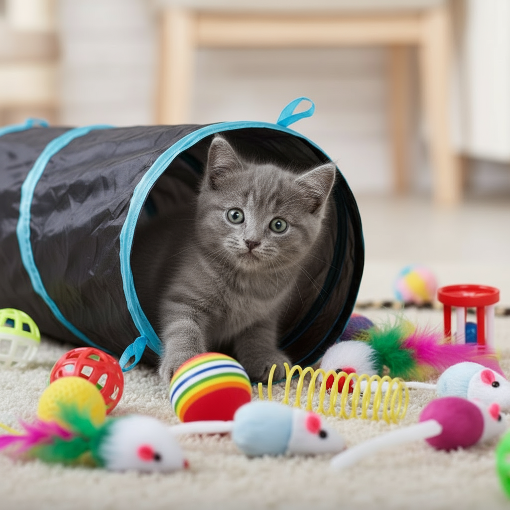 Gatito adorable jugando en el túnel