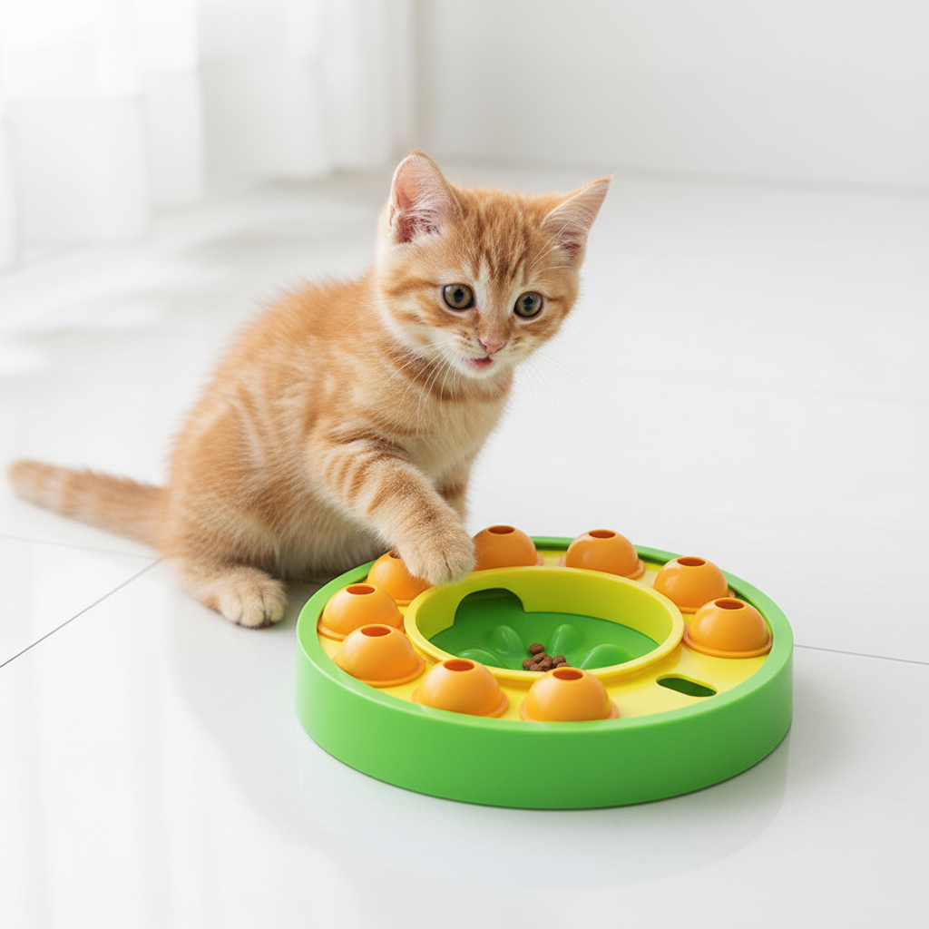 Gatito anaranjado con comedero