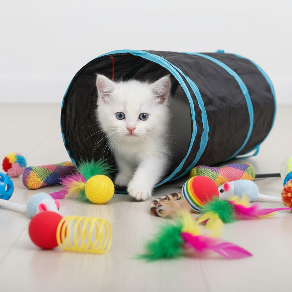 Gatito blanco adorable jugando en el túnel