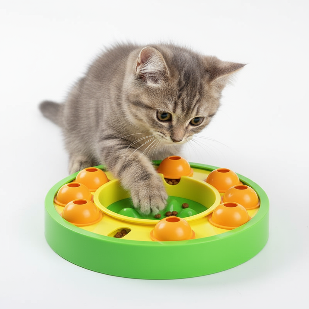 Gatito gris jugando con comedero interactivo