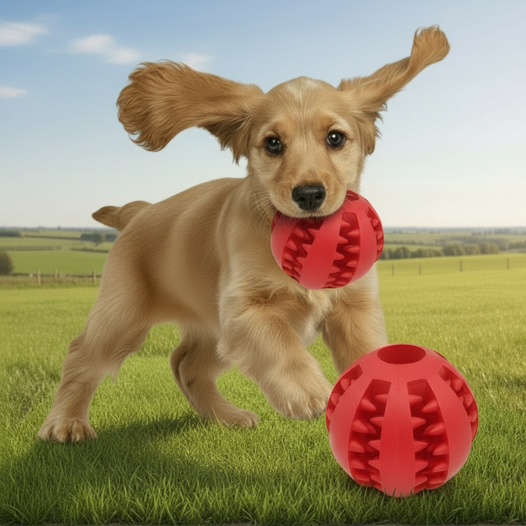 Perro jugando naturalmente con pelota dental