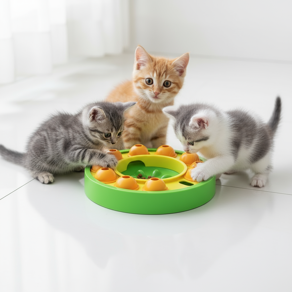 Tres gatitos jugando con comedero interactivo