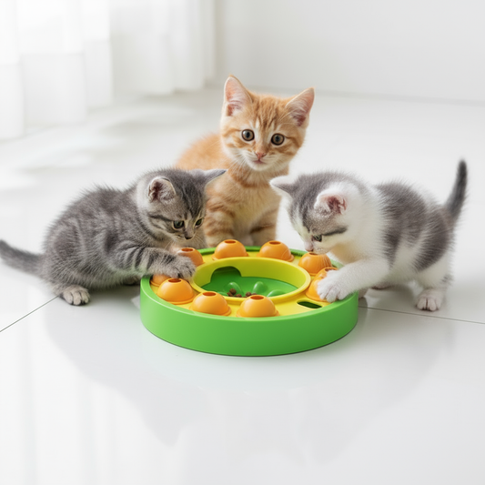 Tres gatitos jugando con comedero interactivo